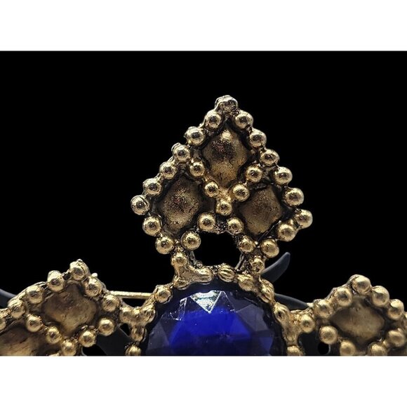 Four Point Dotted Cross Brooch Blue Fauceted Large Rhinestones Gold Tone - Picture 3 of 13
